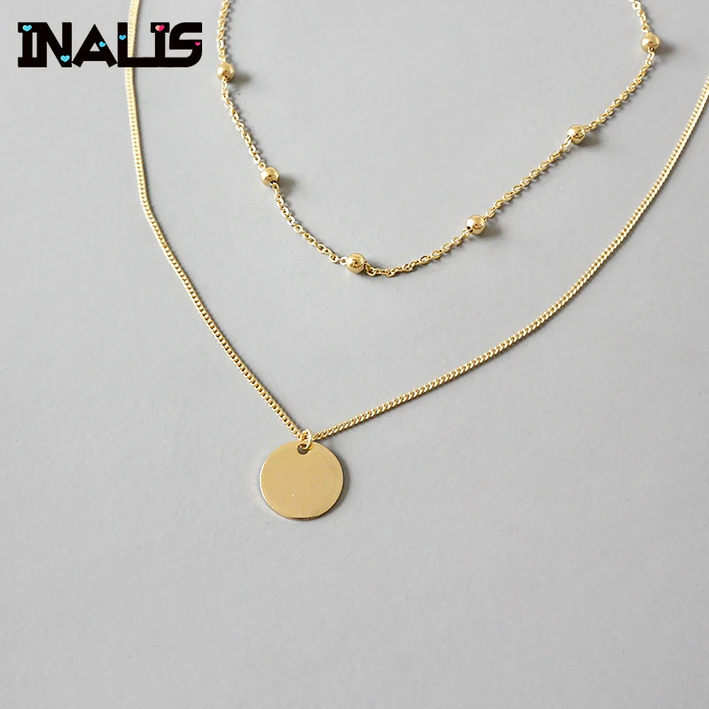

INALIS Punk Hot Selling New Design 925 Sterling Silver Double Link Chain Necklace with Round Pendant Gold Plated Collar Women