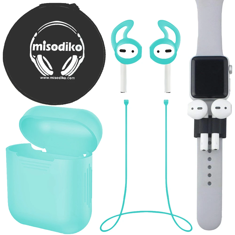 Aqua Misodiko Airpods аксессуары Наборы-силиконовые воздуха стручки чехол+ airpod Чехол-повязка+ часы держатель на ремешке+ ремень+ earpods ушной вкладыш крючки - Цвет: Aqua