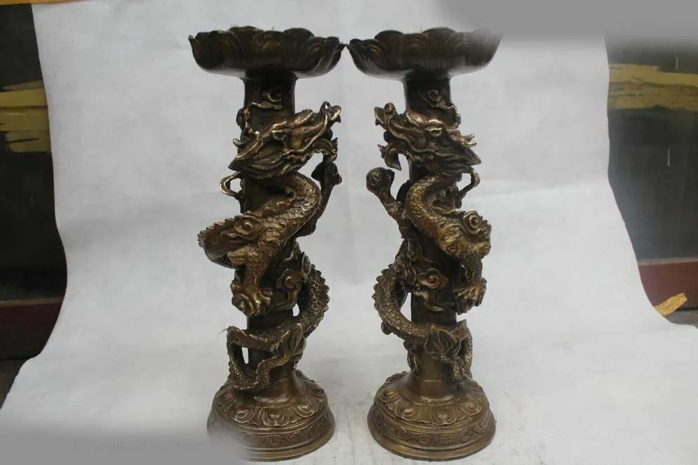 

15"Chinese Folk Pure Bronze excellent Lucky Dragon candelabrum Statue