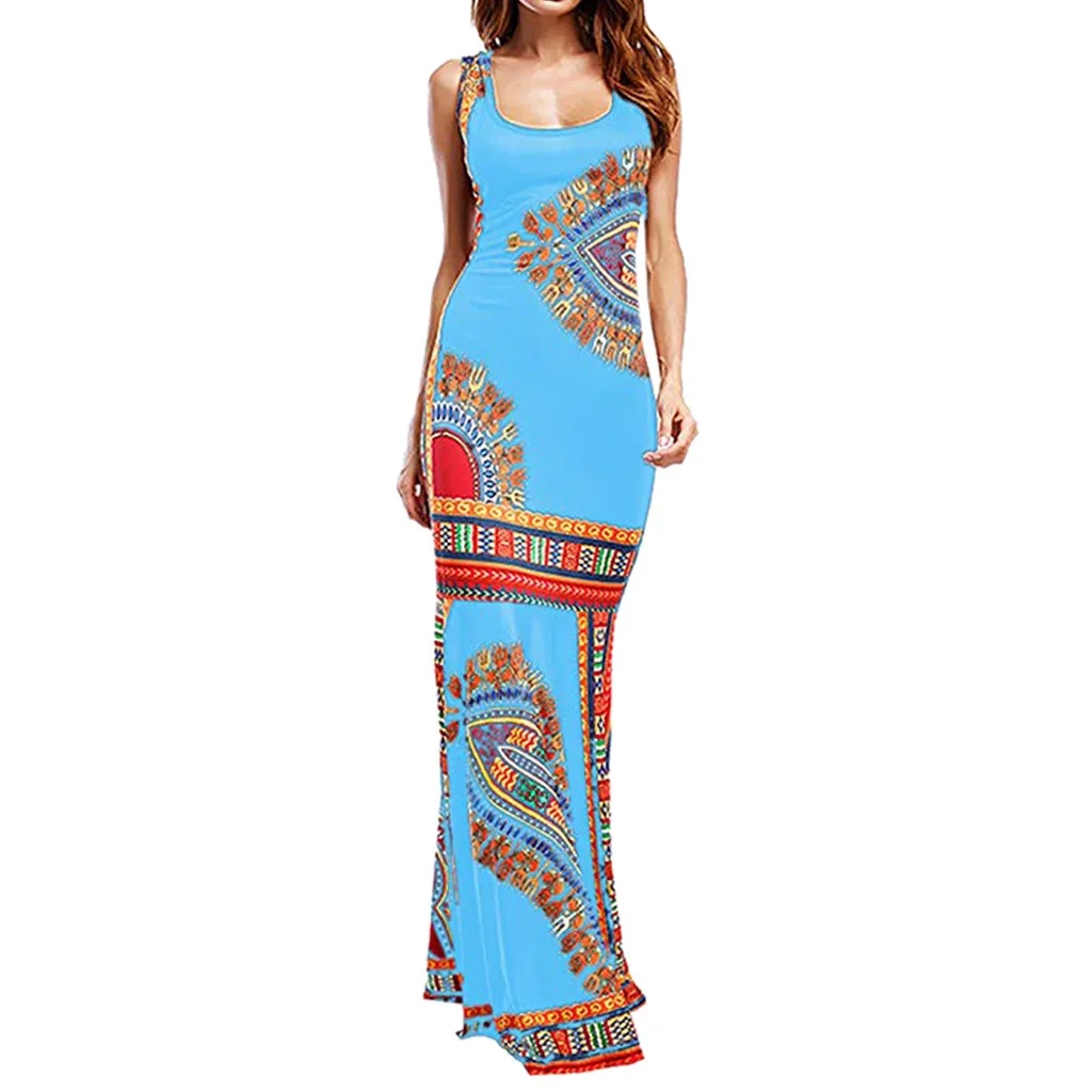 النساء بوهو الأزهار Bodycon س الرقبة الكاحل طول أكمام Dashiki مثير طويلة الأفريقي اللباس #0522