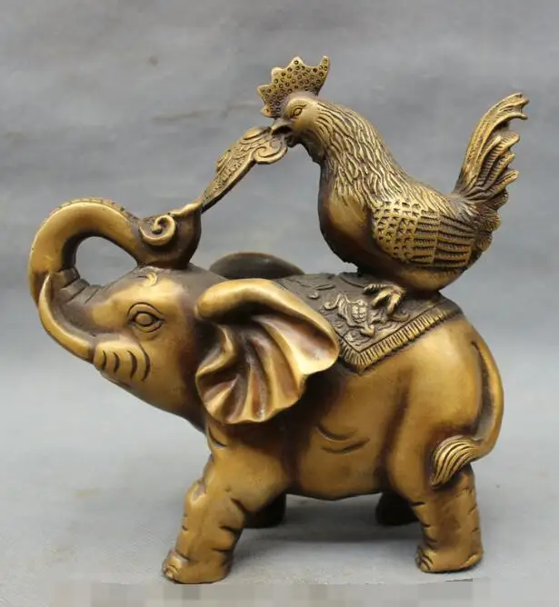

S03353 8" Folk Chinese Bronze RuYi Cock Rooster On Elephant Statue Animals Figurine (B0413)