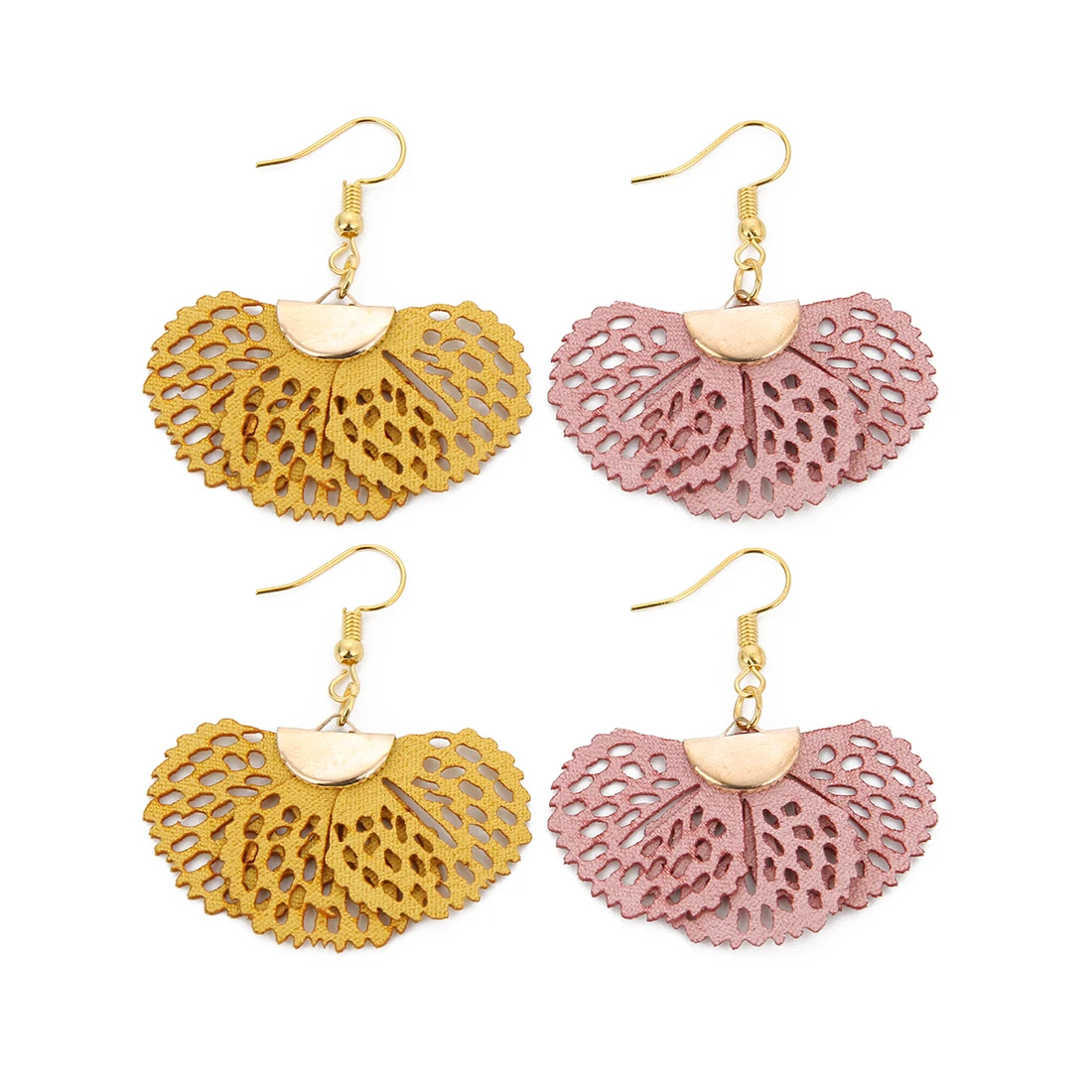

Bohemian Vintage Hollow Out Fan Shape Leather Flower Drop Earrings for Women Big Statement Earrings Gold Metal Boho Jewelry Gift