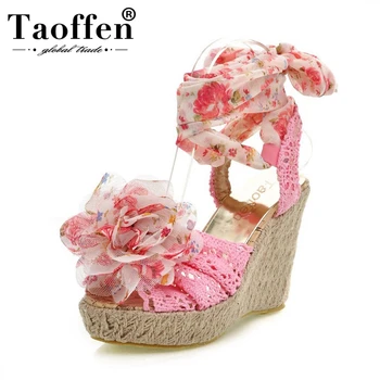 

TAOFFEN Women High Heel Sandals Lace Up Open Toe Mixed Color Lace Flower Sweety Women Shoes For Party Footwear 34-39