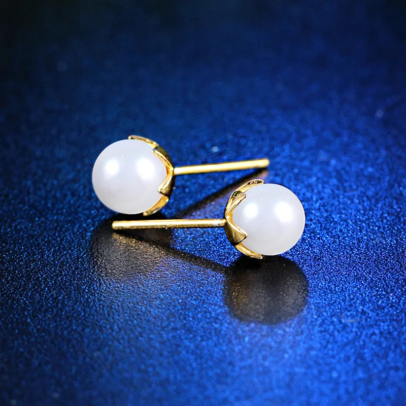 YWM 925 Sterling Silver Egg Shell Beads Golden Egg Pearl Stud Earrings Simple Earrings for Women Girls Fine Jewelry