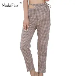 Nadafair Женщины высокой талией плед пят кастрюли Повседневная выдалбливают связать штаны-шаровары женщин тонкий карандаш брюки в деловом