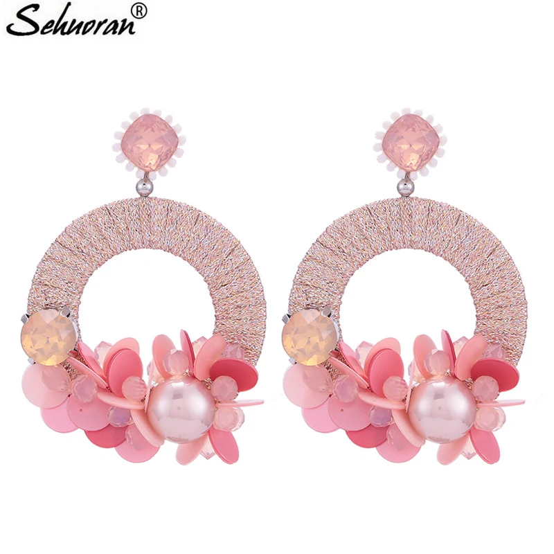 

Sehuoran Round Pearl Brincos Handmade Crystal Handmade EAR Boucle D'oreille Statement Bohemian Earrings Fashion Jewelry Gifts