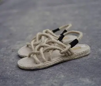 

33-43new cross straps retro female sandals handmade hemp rope woven sandals beach sandals wholesale black 10 11 12 plus size