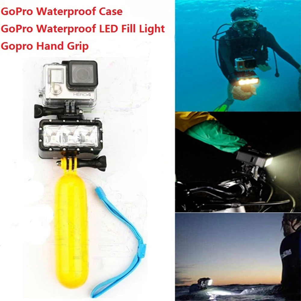 Gopro Accessories Gopro Waterproof Diving LED Flash Fill Light + Gopro Waterproof Housing Case + Hand Grip For Gopro Hero 4 3+ 3