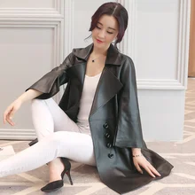 Ptslan Zipper Real Leather Jacket Women Spring Slim Outerwear Long Women Leather Trench Coat Female
