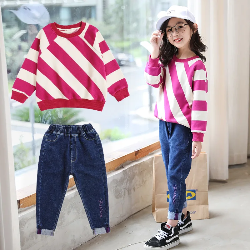 

Children Clothing Set 2018 New Todder Girl Clothes Long Sleeve Cotton Shirt + Denim Pant 2pcs Thanksgiving Outfits 6 8 10 11 12
