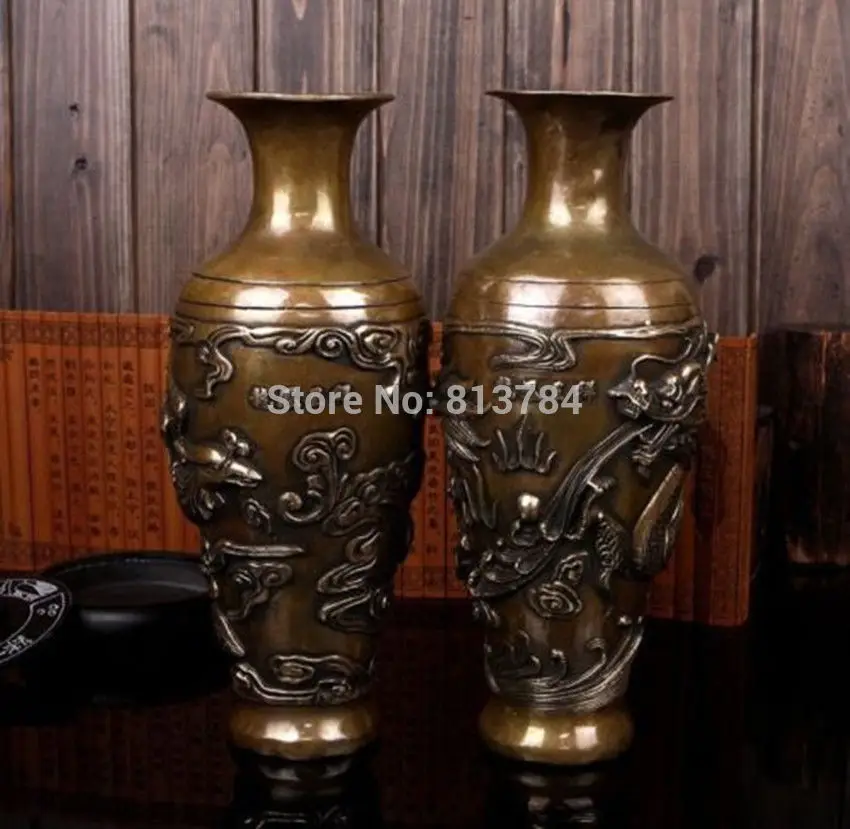 

11"Chinese brass carved beautiful Lucky Dragon phoenix Vase Pair