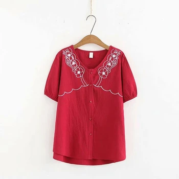 

Plus Size Women Cotton t shirt Floral Embroidery Casual Tops Loose T-Shirt