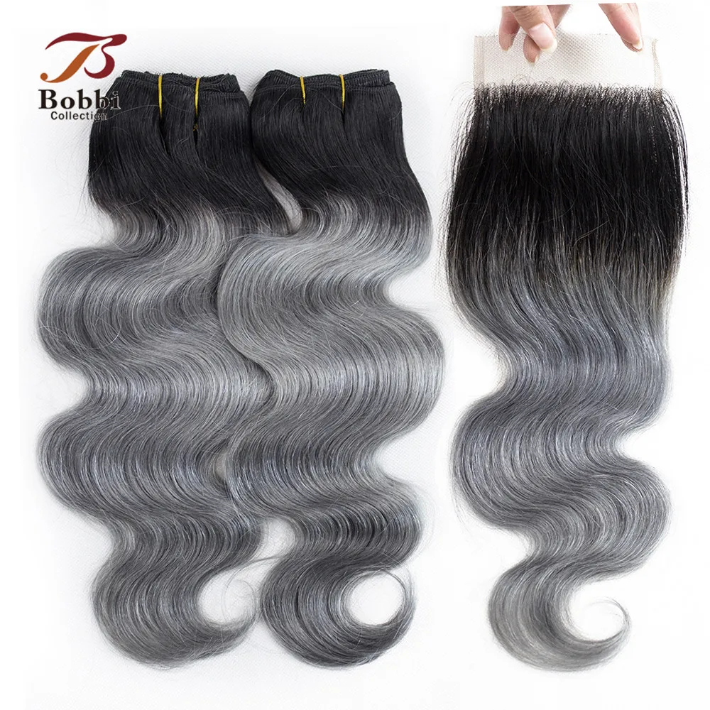 

BOBBI COLLECTION 2/3 Bundles With Closure Ombre Dark Grey Brazilian Body Wave Pre-Colored Remy Human Hair Extensions Bob Style