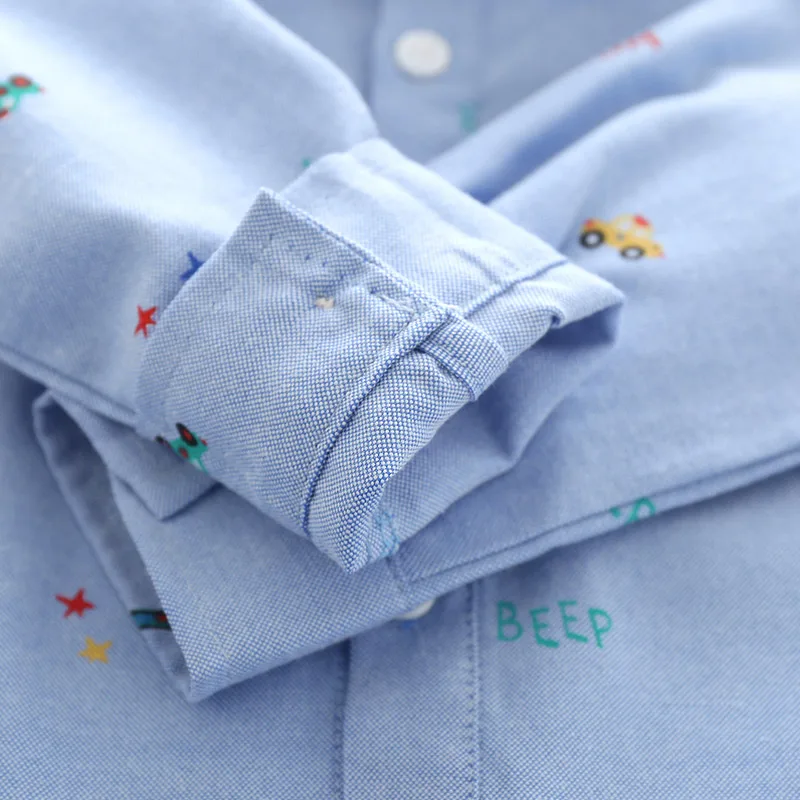 2024 Spring Autumn 2 3 4 5 6 7 8 10 Years Long Sleeve Car Pattern Full Print Handsome White Gray Cotton Shirt For Kids Baby Boys
