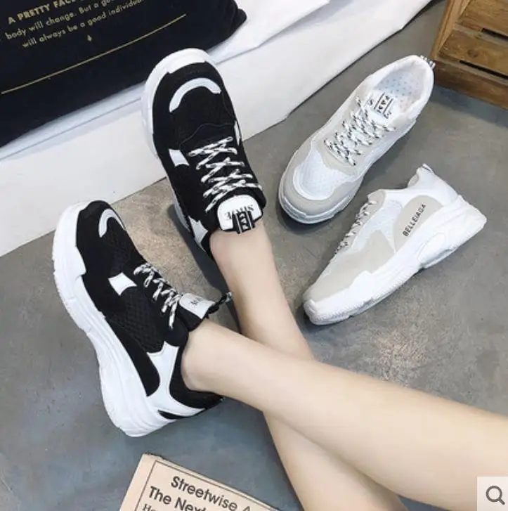 

2018 Spring Women Sneakers wedge Platform Shoes Woman Casual Pumps Ladies Lace up Mesh Creepers Zapatos Mujer Increased Internal