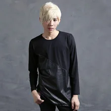 2017 men new T-shirt long sleeve asymmetric leather splice tee shirt male fashion casual t shirt gothic punk clothing A327