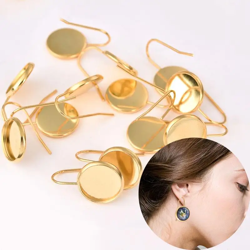 

12mm Round Gold Silver Earring Hooks Blank Base Plated Cabochon Stainless Steel Gems Tray Settings Jewelry Accessories