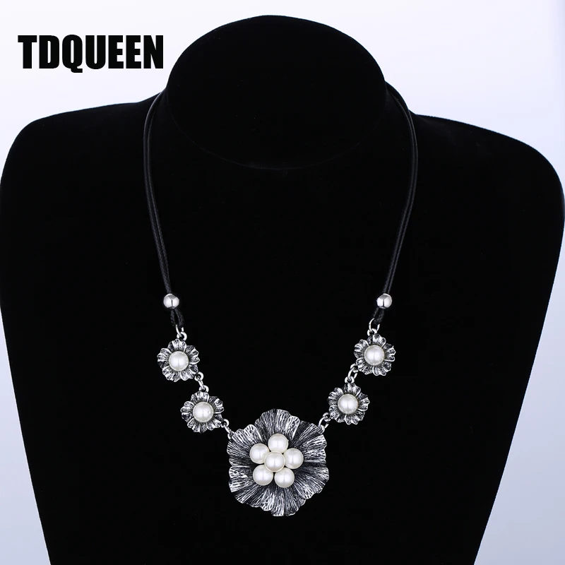 Tdqueen Antique Silver Color Metal Flower Pearl Pendant New Antique Silver Color Metal Flower