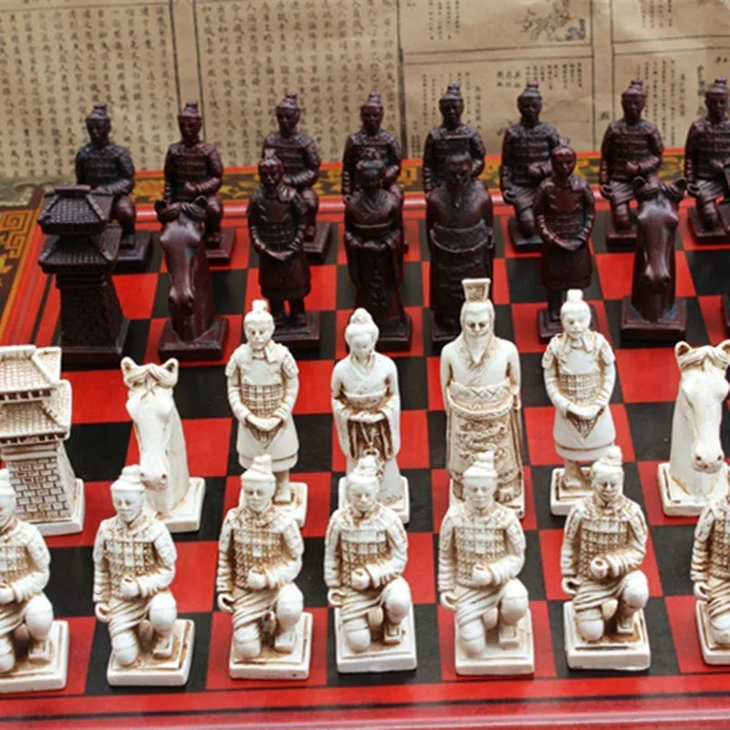 New Wood Chess Chinese Retro Terracotta Warriors Chess Wood Do Old Carving Resin Chessman Oversized Chess Piece Premium Yernea