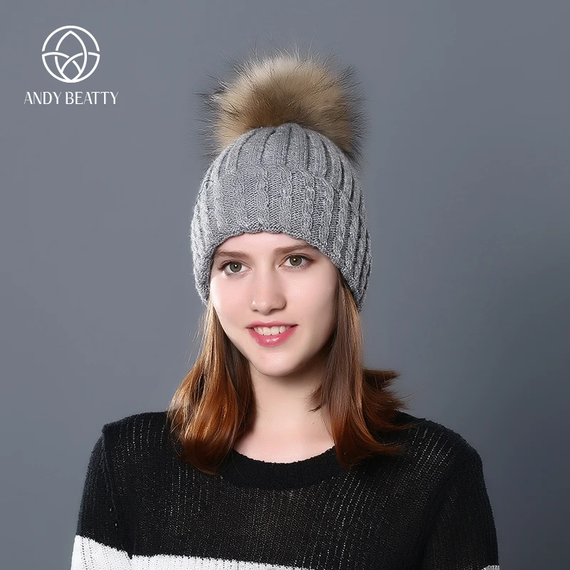 

Andybeatty Fashion Women Winter Raccoon Fur Hats 100% Real 15cm Fur pompom Beanies Cap Natural Fur Hat For women girl 's