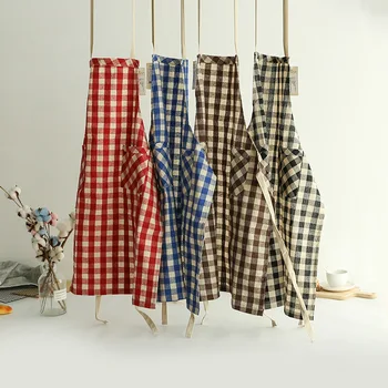 

New Japanese Cotton Polyester Lattice Apron Kitchen Household Anti-oil Thickening Apron