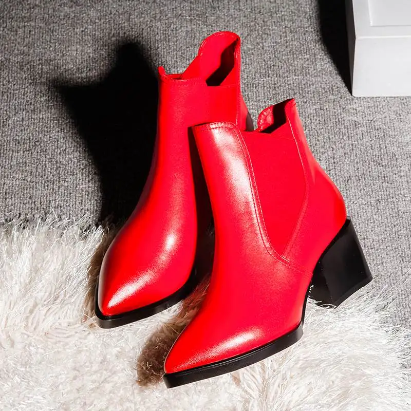 

New Winter Fashion Large Size Sweet Pointed Toe Cow Leather Women Ankle Boots Thick Heel Women Shoes Causal Motorcycles Boots
