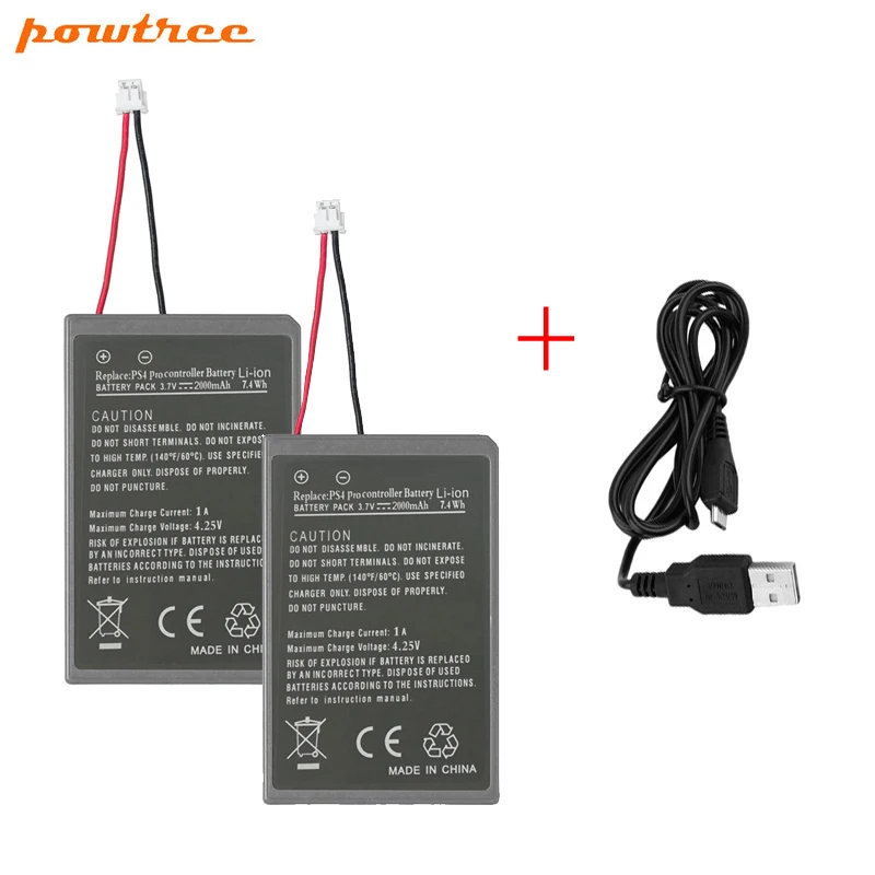 Аккумулятор и кабель Powtree 2.0AH 2PK для Sony Playstation PS4 Pro Dual shock 4 контроллер второго