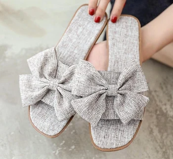 

Slippers Female Summer Fashion Wear Sandals Casual Sweet New Bow Breathable Flat with Beach Sandals Hard-wearing Anti-slip