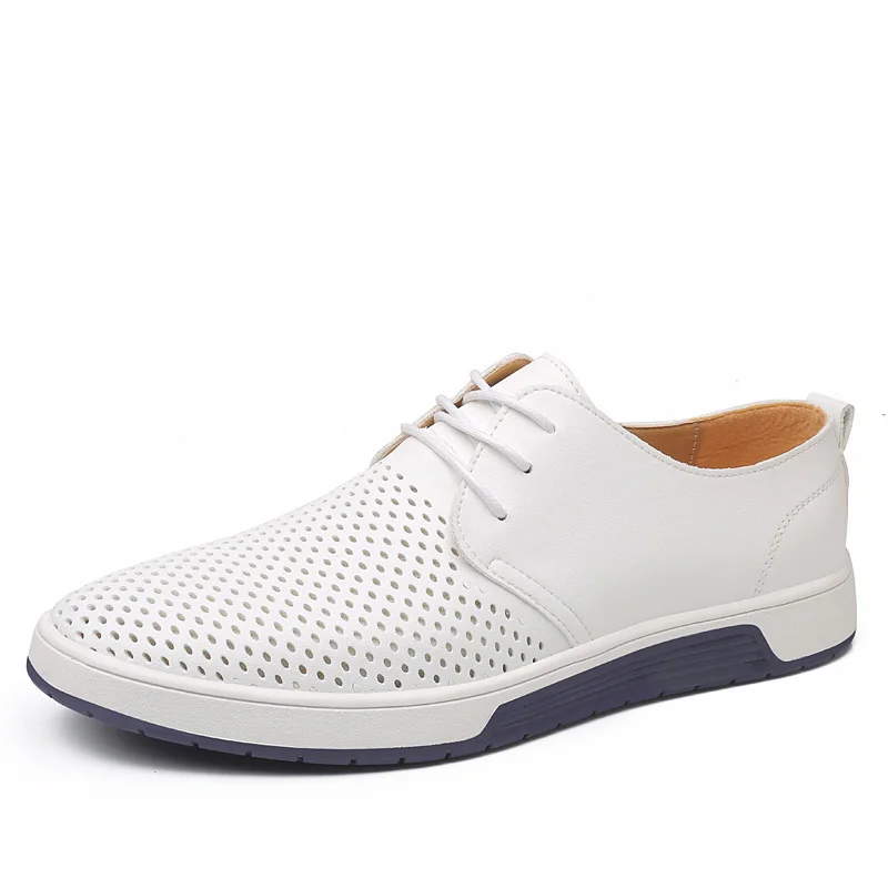

Summer Men Leather Casual Shoes Fashion Breathable Holes White Leisure Shoes Flats Shoes Driver Footwear Big Size 37-48