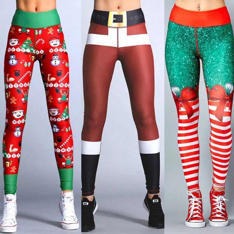 

New Style Women Fitness leggings Polyester Red Christmas Striped Print Leggings Digital Print Pants Trousers Stretch Pants