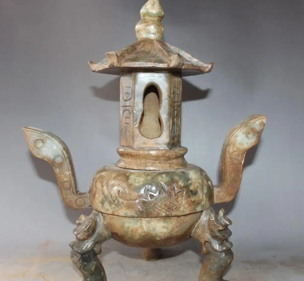 

free shipping 13" Rare China Old Jade Carving Pavilion Kiosk Incense Burner Censer Incensory