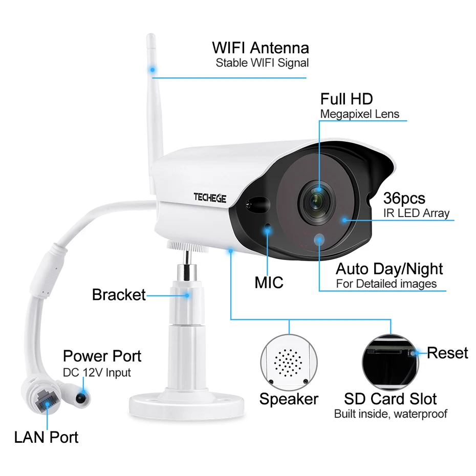 Techege, 1080 P, HD, Wifi, IP камера, уличная, внутренняя, 2MP, беспроводная, проводная, камера безопасности, обнаружение движения, домофон, TF слот для карт