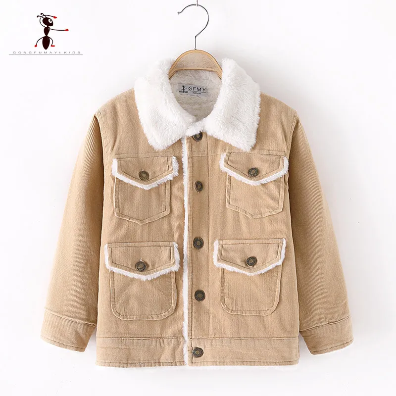 

2018 Winter Jacket Fur Lined Thick Casual Boy Lamb Fur Collar Long Sleeve Boys Jackets Khaki Wool Warm Children's Coats 3258