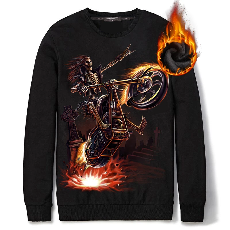 

Fleece Black Pullover Hoodies Men Moto Skull Print Outerwear for Man Autumn Sweatshirt 2019 Punk Style Mens Clothes RH1-15
