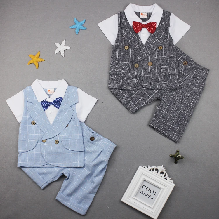 Новый джентльмен одежда в клетку для маленьких мальчиков короткий рукав хлопок поддельные жилет футболка костюм с шортами Мода