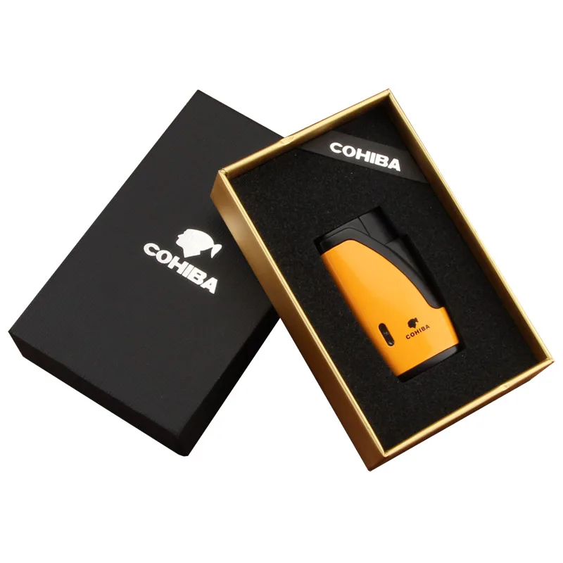 COHIBA металлические зажигалки для сигар, ветрозащитный роскошный 2 струйный фонарь, зажигалка для сигарет, карманная газовая зажигалка, Бутан, встроенный портсигар