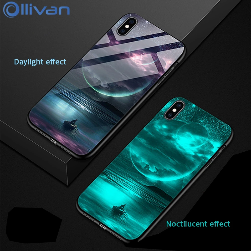 Ollivan Luminous Glass Cases For iphone 7 Case Luxury Silicone Phone XS MAX XR 8 6 6s Plus X 7Plus 8Plus Cover |
