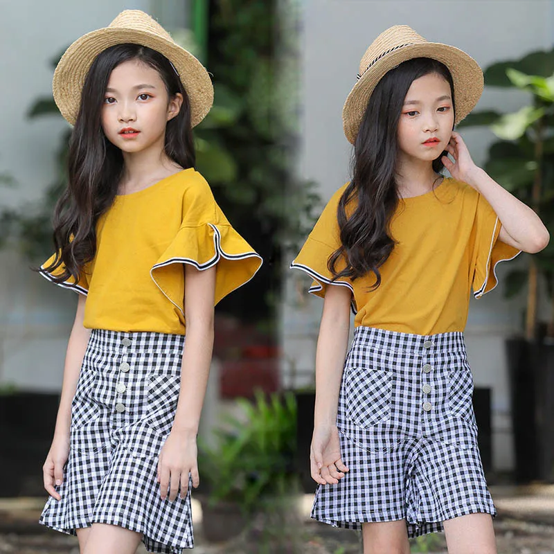 

Teenage Girls Clothing Set 2019 Summer T-shirt Plaid Shorts Pants Suit Tracksuit Children Clothes School Kids Costume 12 Year