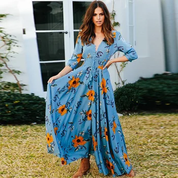 

Bohemian Print Long Sleeves Dress With V -cut Keys And Sleeve Seven -point Sleeves