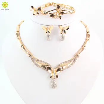 

Fashion Butterfly Pendant Crystal Necklace Earrings Set Gold Color African Bridal Costume Jewelry Sets