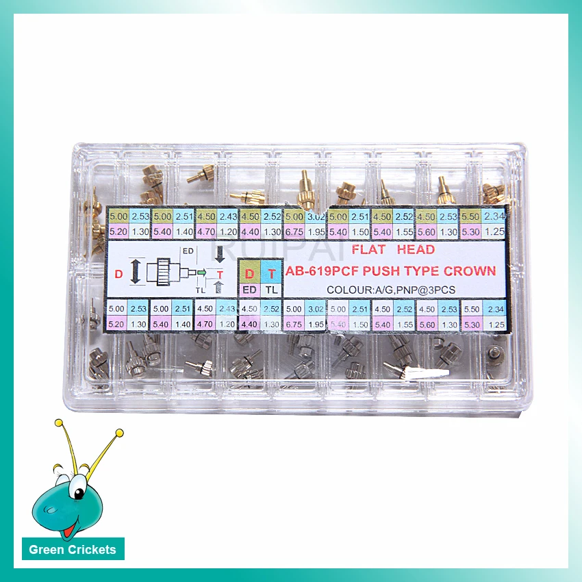 Wholesale 54pcs/box Assortment Watch Crown Parts set, Push Type Flat Head Golden / Silver Watch