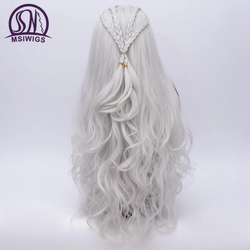 MSIWIGS 2 Colors Long Silver White Curly Wigs Cosplay Synthetic Blonde Braided Wig for Women Natural Braid Hair Heat Resistant