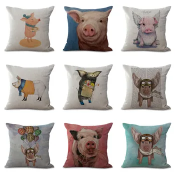 

Factory direct cute pig print linen sofa cushion cover bed pillowcases Living room decoration pillowcase car seat lumbar pillows