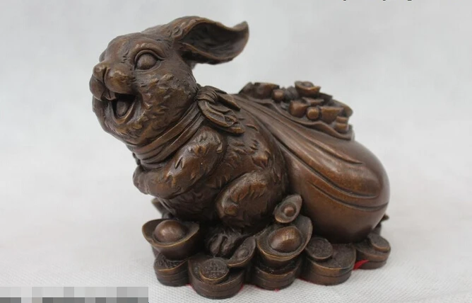 

wholesale factory 4" Chinese Folk Fengshui Bronze Zodiac Year Money drawing rabbit Statue