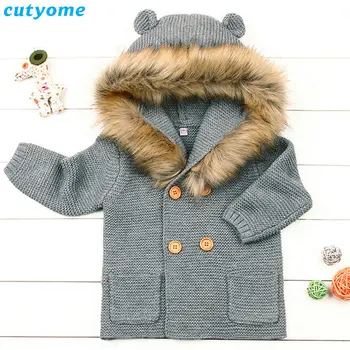 

Newborn Baby Thick Hooded Rabbit Ear Sweater With Fur Collar For Toddler Infant Boys Girls Kids Cardigan Knitted Clothes 0-24M