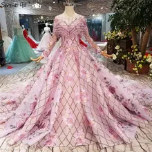 Розовые фиолетовые Свадебные платья высокого класса с длинным рукавом настоящая фотография винтажные Роскошные платья невесты с блестками и цветами на заказ