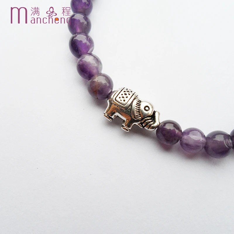 Милый/романтичный 6 мм натуральный камень, фиолетовый браслет с аметистами для девочек, подарок на свадьбу, Лучший браслет с аметистами и бусинами в виде слона