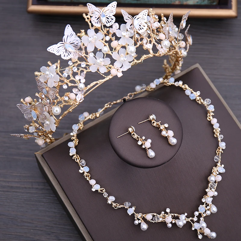 Dower me Charming Floral Bridal Crown Necklace Earrings Set Wedding Prom Accessories Women Gold Jewelry Sets a suit of charming heart circle necklace and earrings for women