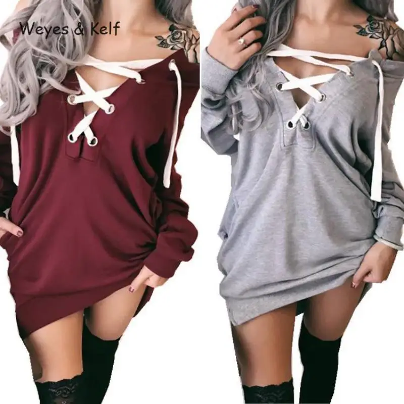 

Weyes & Kelf Solid Cross Bandage Pullover Loose Casual Sweatshirt Women 2018 Autumn Casual Hoodie Long Sleeve Womens Sweatshirt