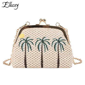 

New Summer Hand Made Rattan Bag Shoulder Bag Women Embroidery Leaf Tree Pineapple Pattern Beach Straw Bag Ladies Hand Bags